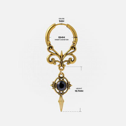 Gold-tone Gothic Crest hoop earring dimension guide showing hoop diameter, gauge, and full pendant height