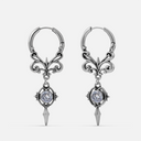 Silver-tone Gothic Crest hoop earrings with ornate scrollwork, clear stones, and pointed drops