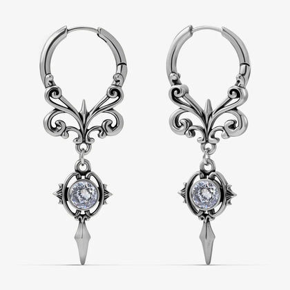 Silver-tone Gothic Crest hoop earrings with ornate scrollwork, clear stones, and pointed drops