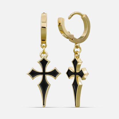 Pair of gold-tone hoop earrings with black cross charms shown from front and side angles