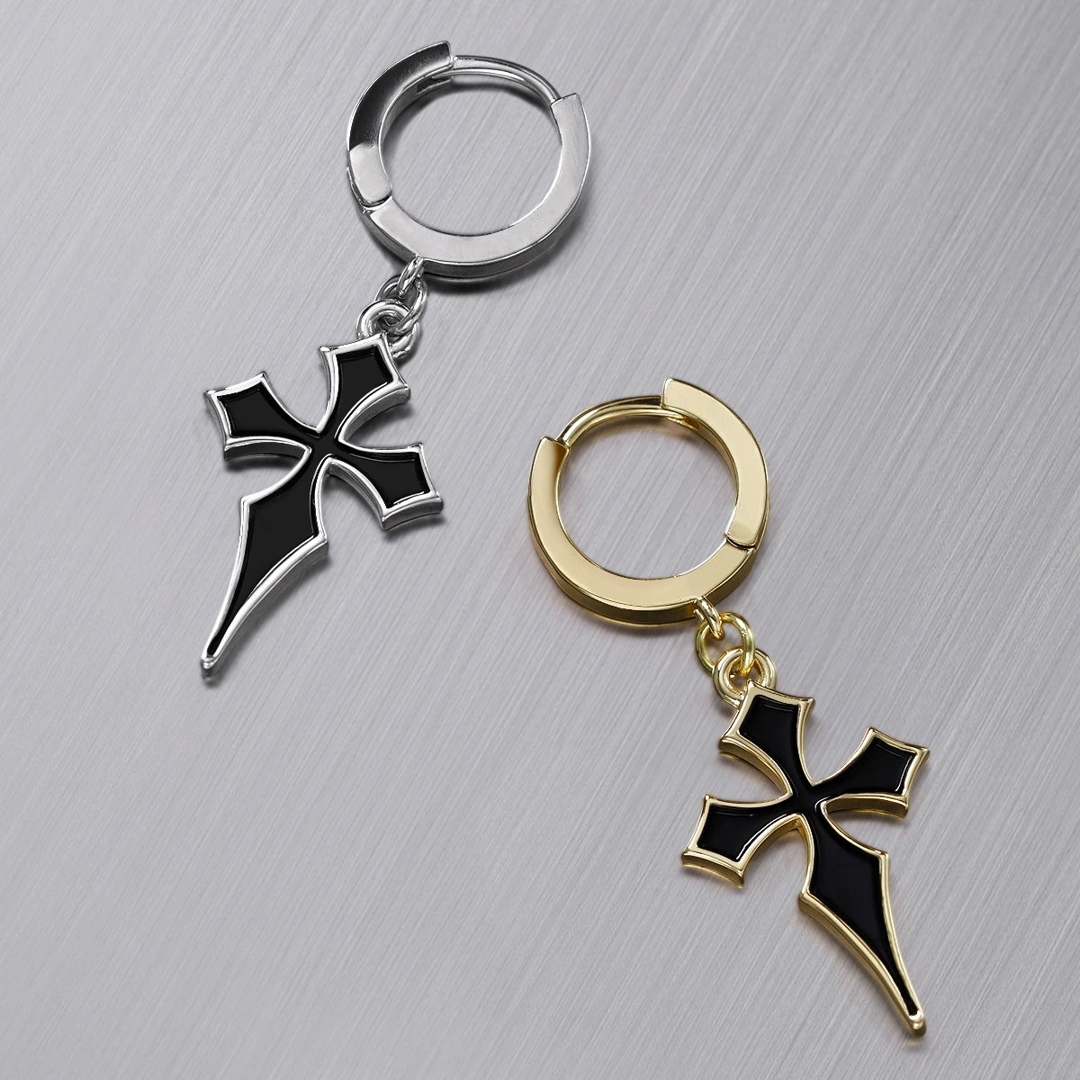 Silver Gothic Cross hoop earring with black pointed cross pendant