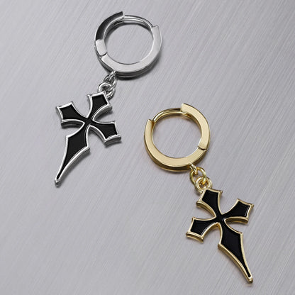 Silver Gothic Cross hoop earring with black pointed cross pendant
