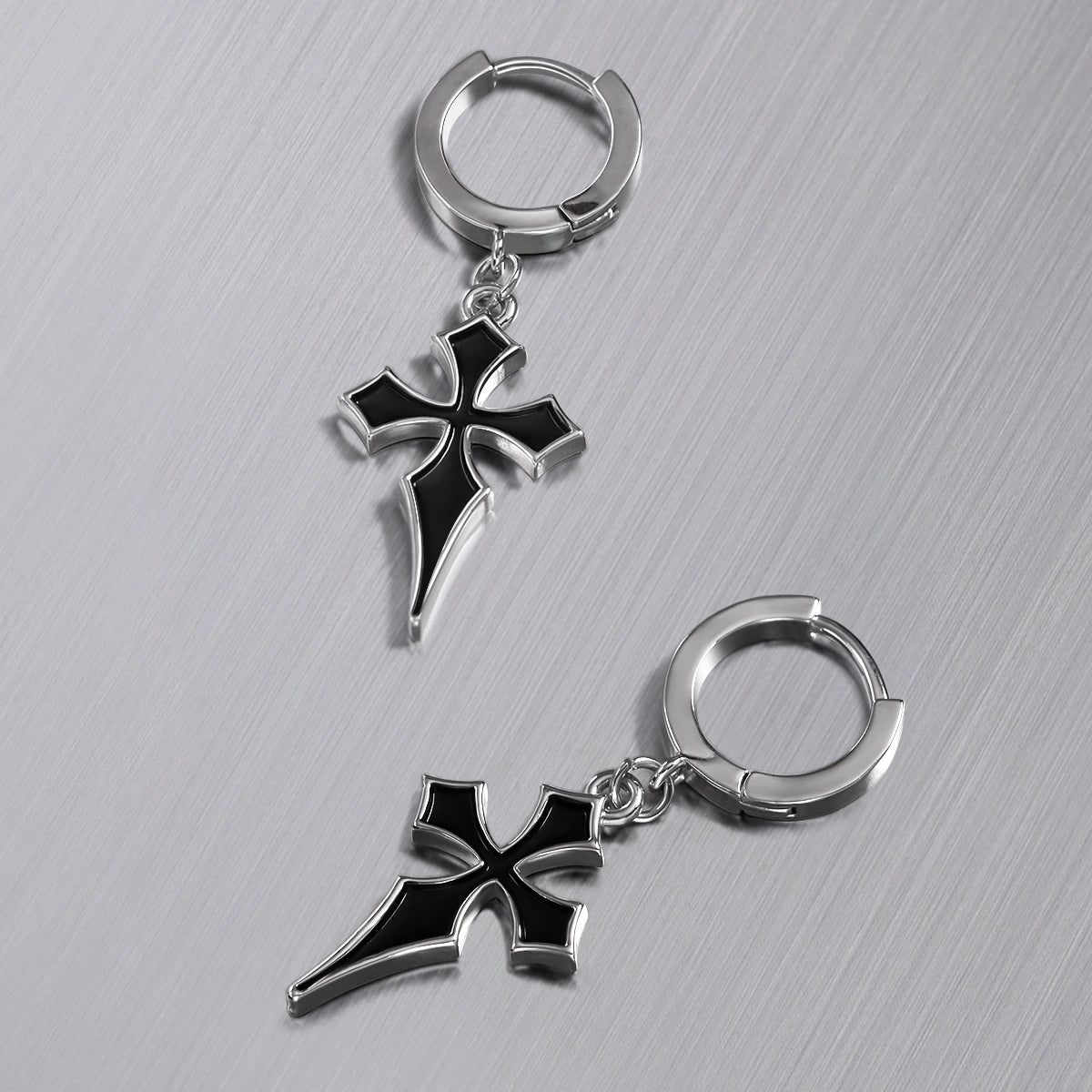 Silver and gold Gothic Cross hoop earrings with black cross pendants