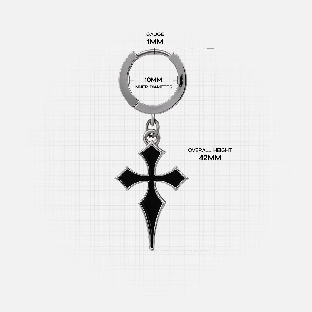 Silver Gothic Cross hoop earring with black pendant and measurement details