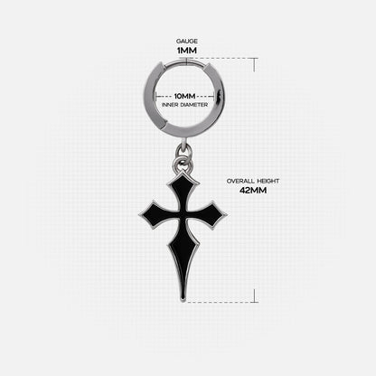 Silver Gothic Cross hoop earring with black pendant and measurement details