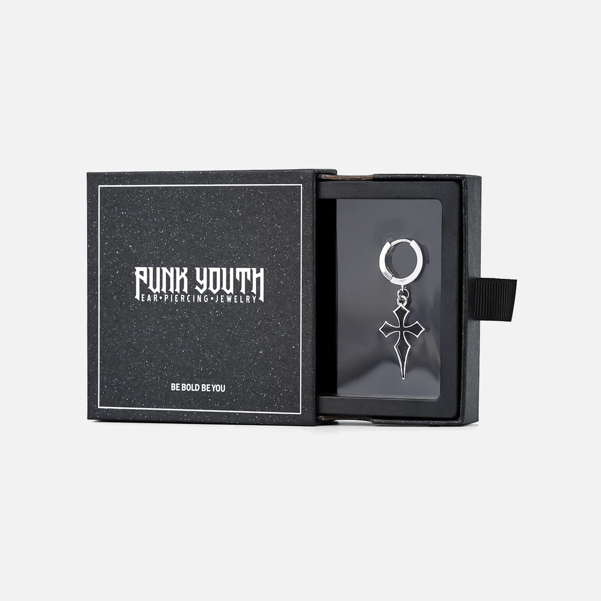 Silver Gothic Cross hoop earring presented in a black PUNKYOUTH jewelry box