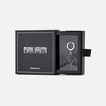 Silver Gothic Cross hoop earring presented in a black PUNKYOUTH jewelry box