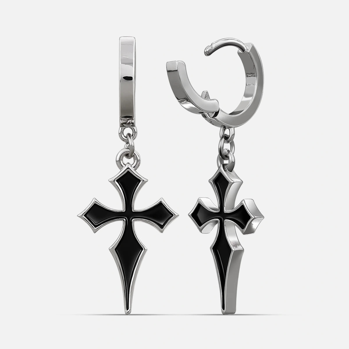 Silver-tone Gothic Cross hoop earrings with black pointed cross pendants