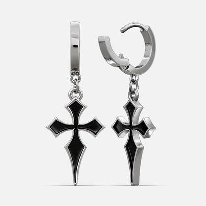 Silver-tone Gothic Cross hoop earrings with black pointed cross pendants