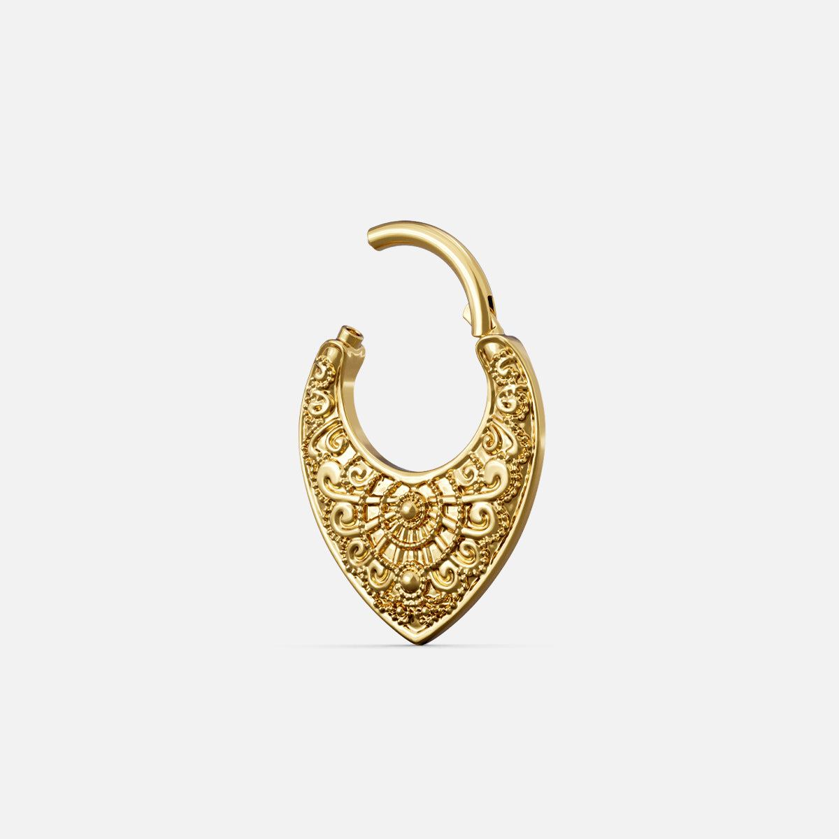 Gold-tone Gothic Mandala Clicker shown open with a hinged closure and detailed mandala design.
