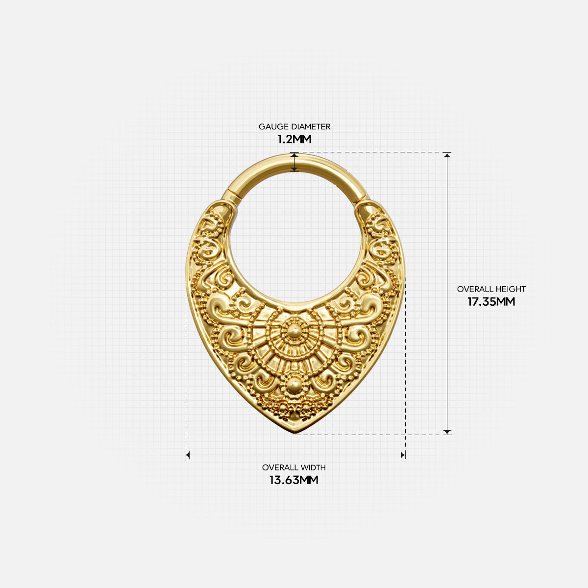 Size guide for the gold-tone Gothic Mandala Clicker showing the inner diameter and overall dimensions.