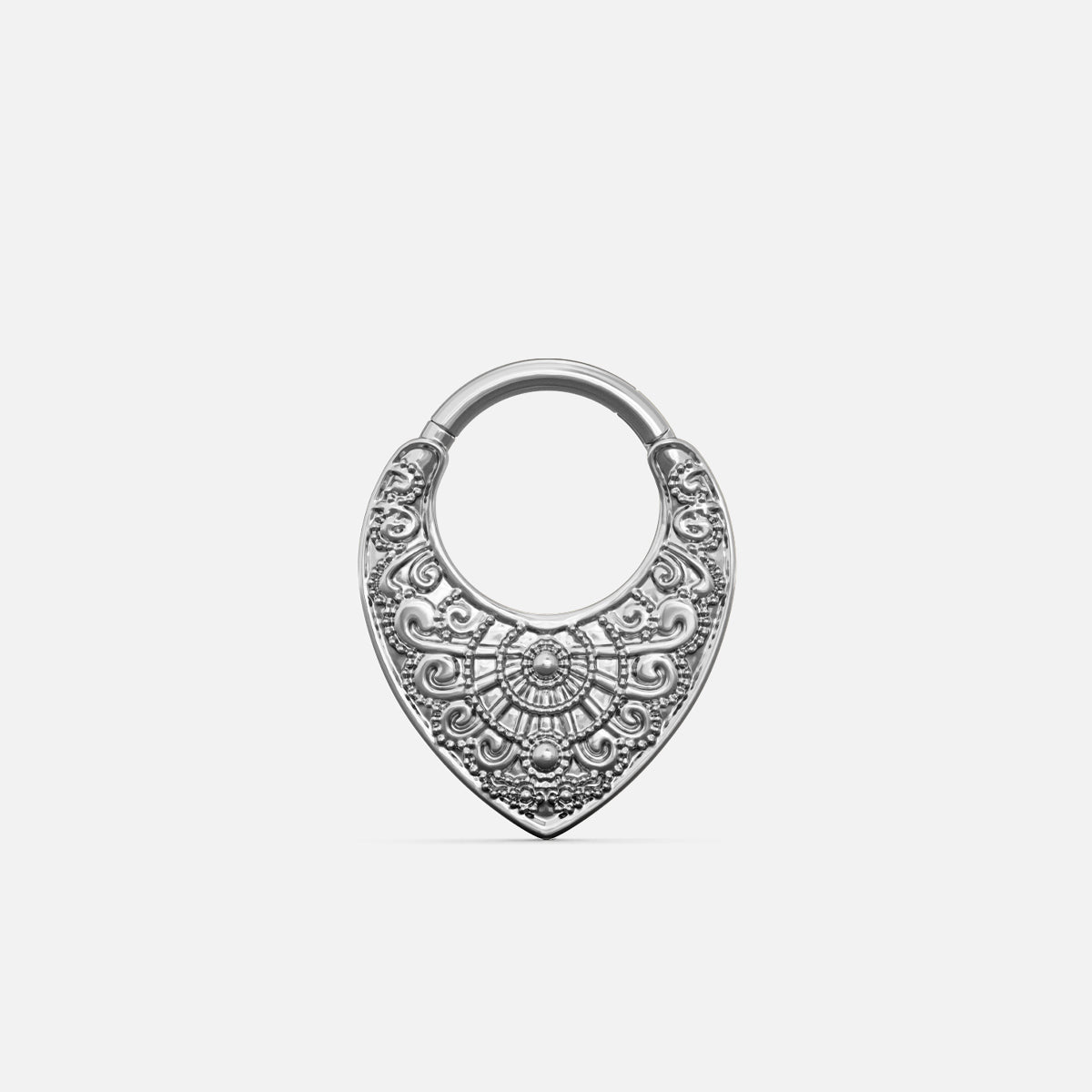 Silver-tone Gothic Mandala Clicker with ornate scrollwork, beaded textures, and a shield-shaped lower panel.