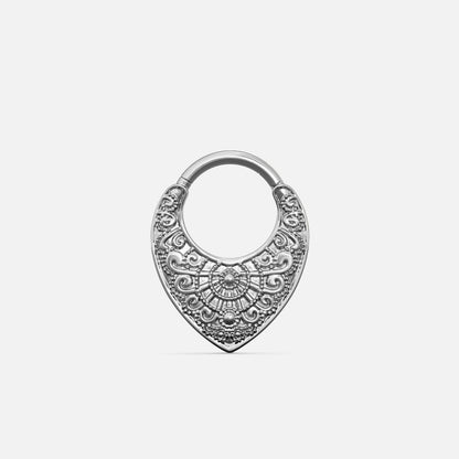 Silver-tone Gothic Mandala Clicker with ornate scrollwork, beaded textures, and a shield-shaped lower panel.