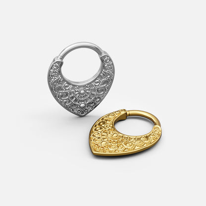 Silver- and gold-tone Gothic Mandala Clickers shown from multiple angles to display the raised decorative details.