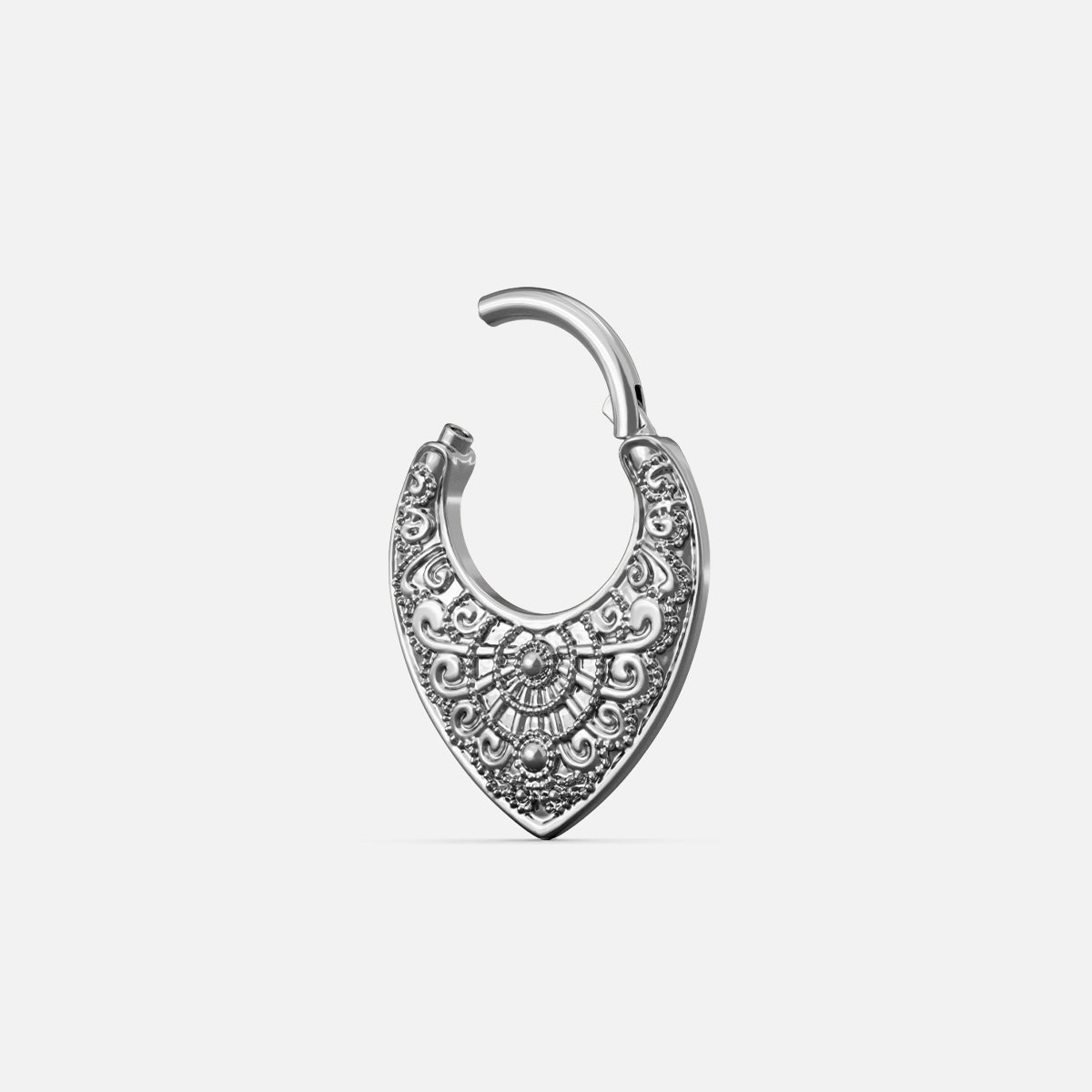 Silver-tone Gothic Mandala Clicker shown open to display the hinged closure and ornate lower panel.