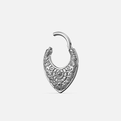 Silver-tone Gothic Mandala Clicker shown open to display the hinged closure and ornate lower panel.