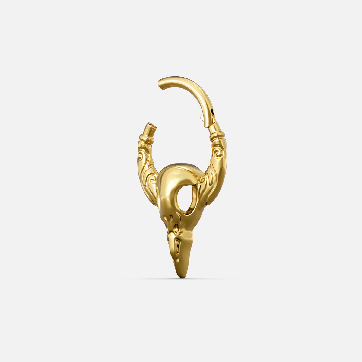 Gold-tone Gothic Raven Clicker shown open to display the hinged closure and sculpted raven skull motif.