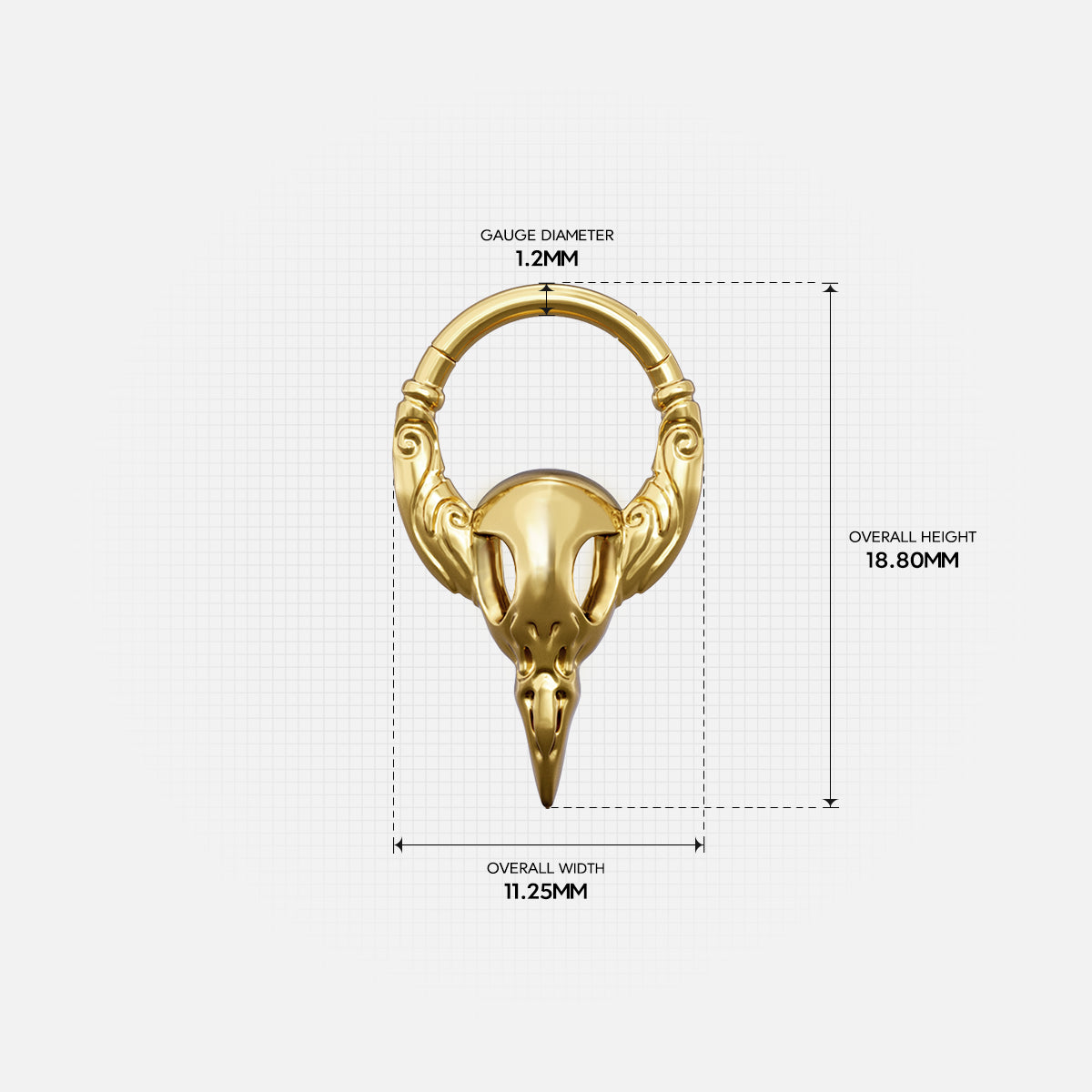 Size guide for the gold-tone Gothic Raven Clicker showing the inner diameter and overall dimensions.