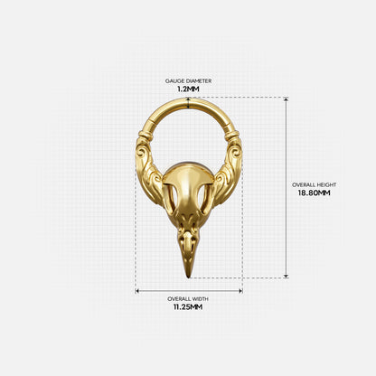 Size guide for the gold-tone Gothic Raven Clicker showing the inner diameter and overall dimensions.
