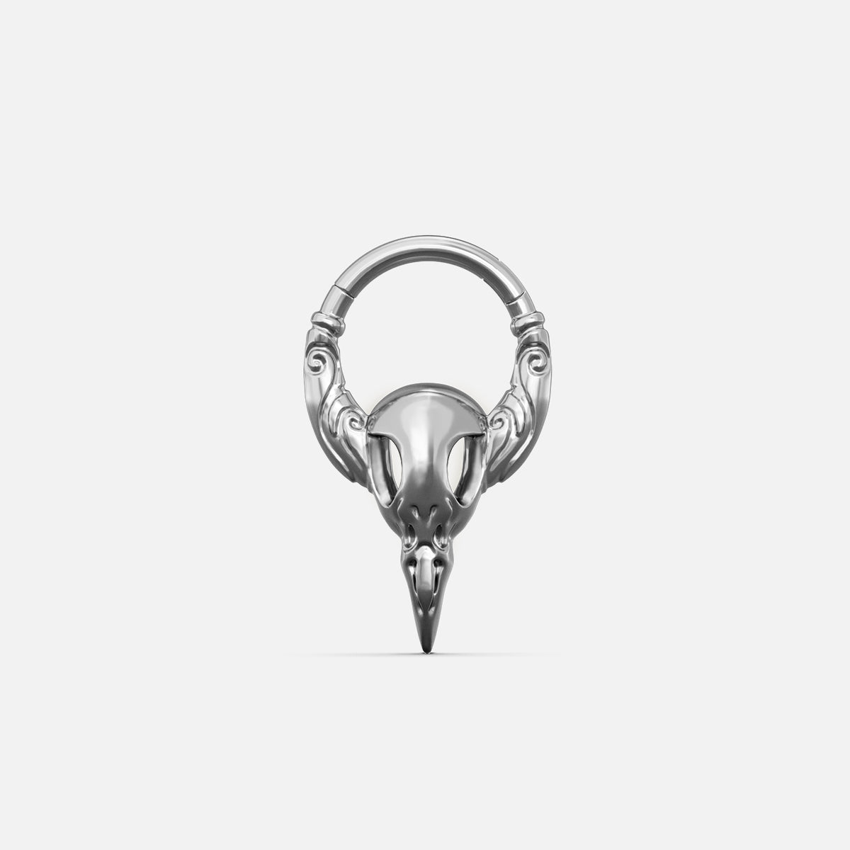 Silver-tone Gothic Raven Clicker with an ornate raven skull motif and a pointed beak detail.