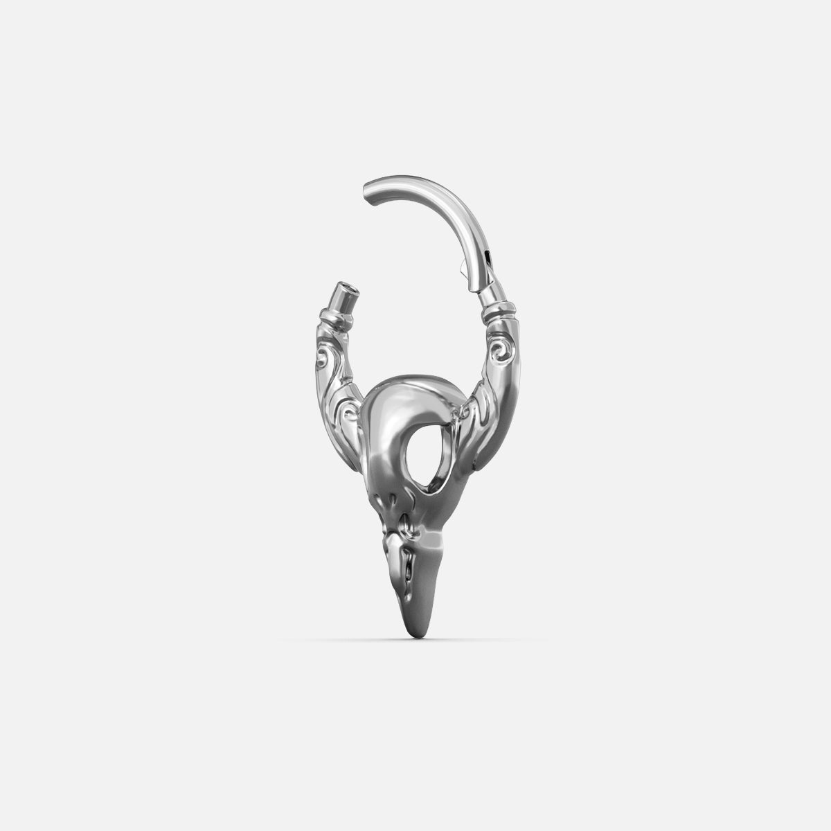 Silver-tone Gothic Raven Clicker shown open with a hinged closure and pointed bird skull detail.