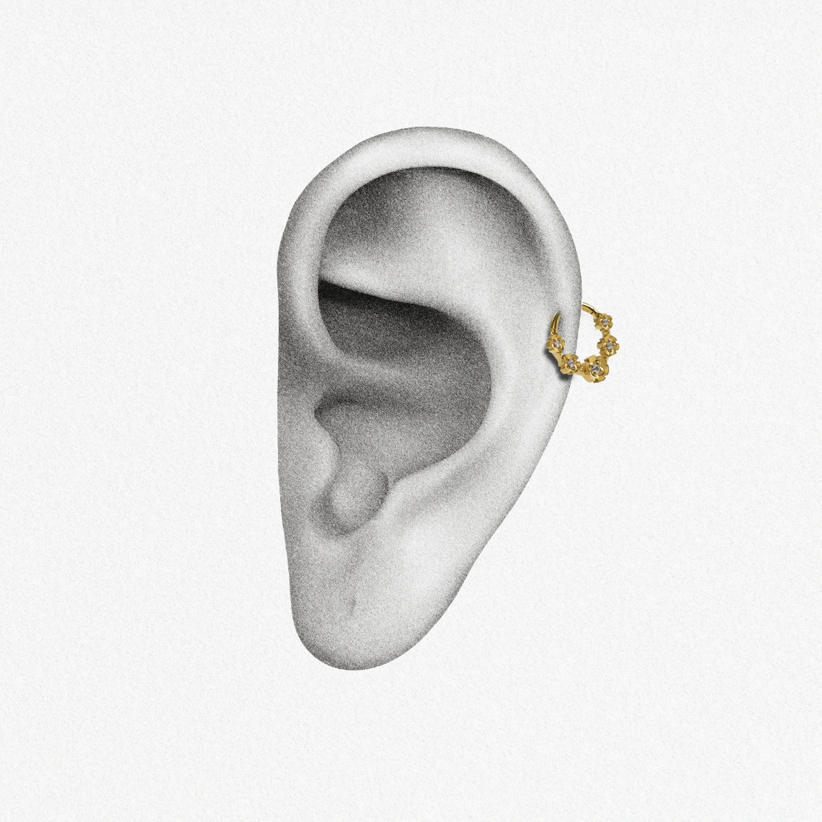 Gold Gothic Rosette Clicker shown on ear placement with floral rosette clicker hoop design