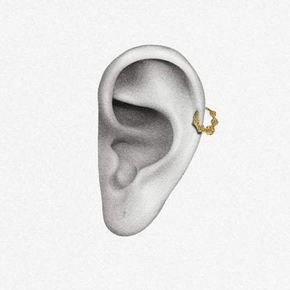 Gold Gothic Rosette Clicker shown on ear placement with floral rosette clicker hoop design