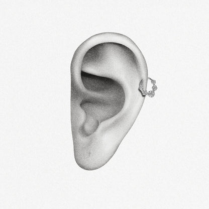 Silver Gothic Rosette Clicker shown on ear placement with gothic floral rosette details