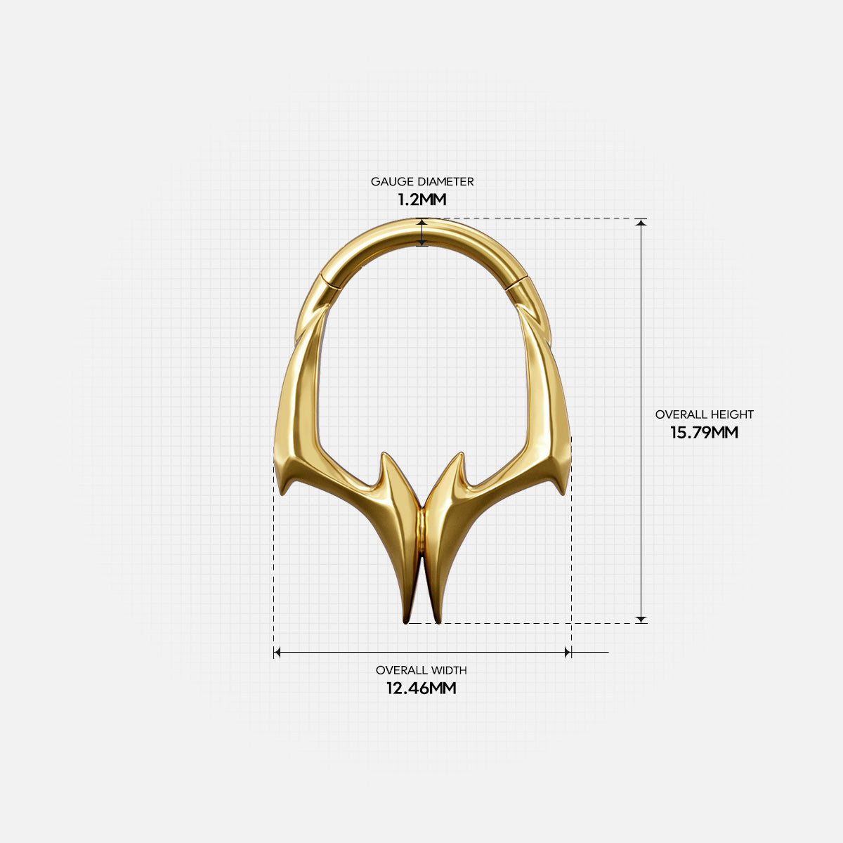 Size guide for the gold-tone Gothic Talon Clicker showing the inner diameter and overall dimensions.