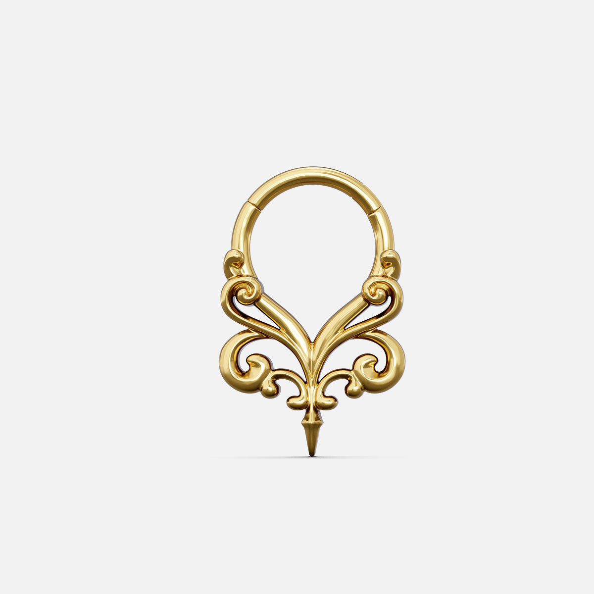Gold-tone Gothic Vine Clicker with ornate symmetrical scrollwork and a pointed lower detail.