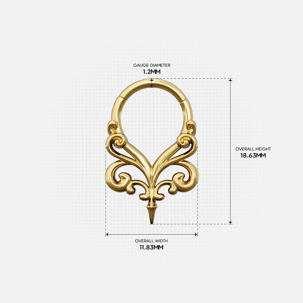 Gold-tone Gothic Vine Clicker measurement guide showing the ring diameter and overall dimensions.