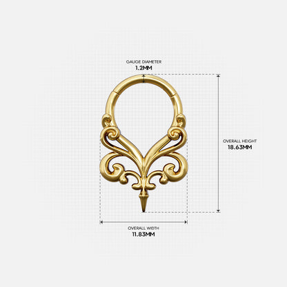 Gold-tone Gothic Vine Clicker measurement guide showing the ring diameter and overall dimensions.