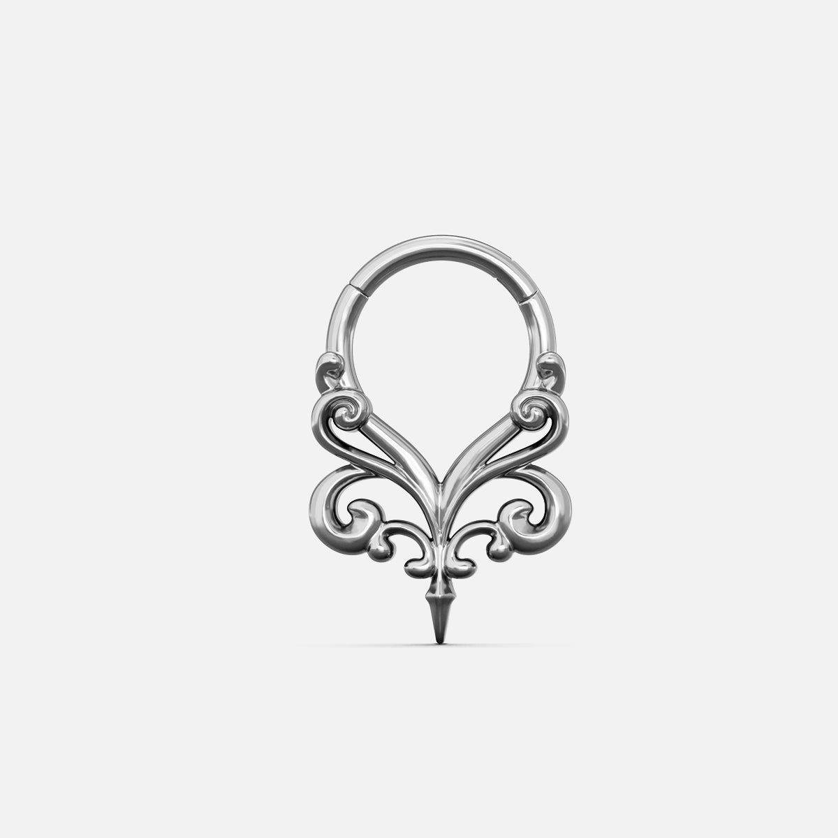 Silver-tone Gothic Vine Clicker with symmetrical scrollwork and a pointed vine detail on a light gray background.