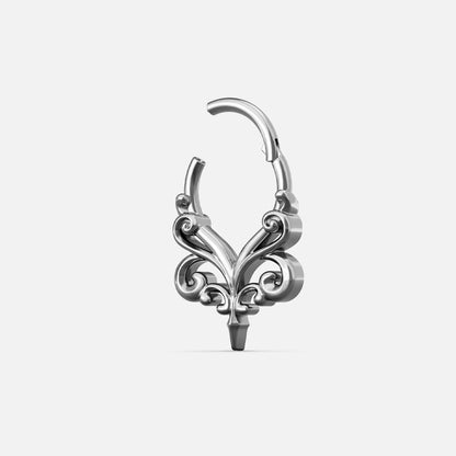 Silver-tone Gothic Vine Clicker shown open to display the hinged clicker closure and scrolling details.