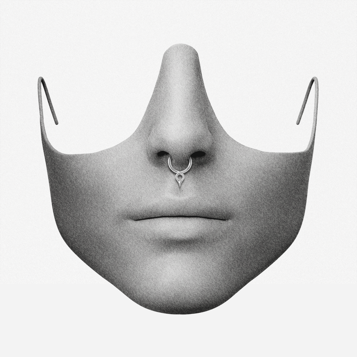 Illustrated nose with a silver-tone twist clicker septum ring shown in place