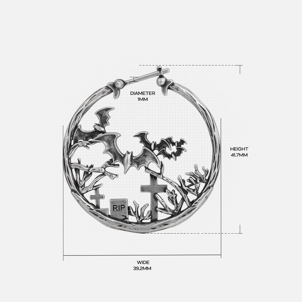 Silver Graveyard Bat hoop earring with cemetery scene and dimensions