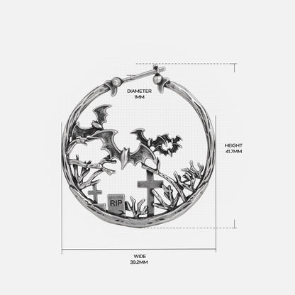 Silver Graveyard Bat hoop earring with cemetery scene and dimensions