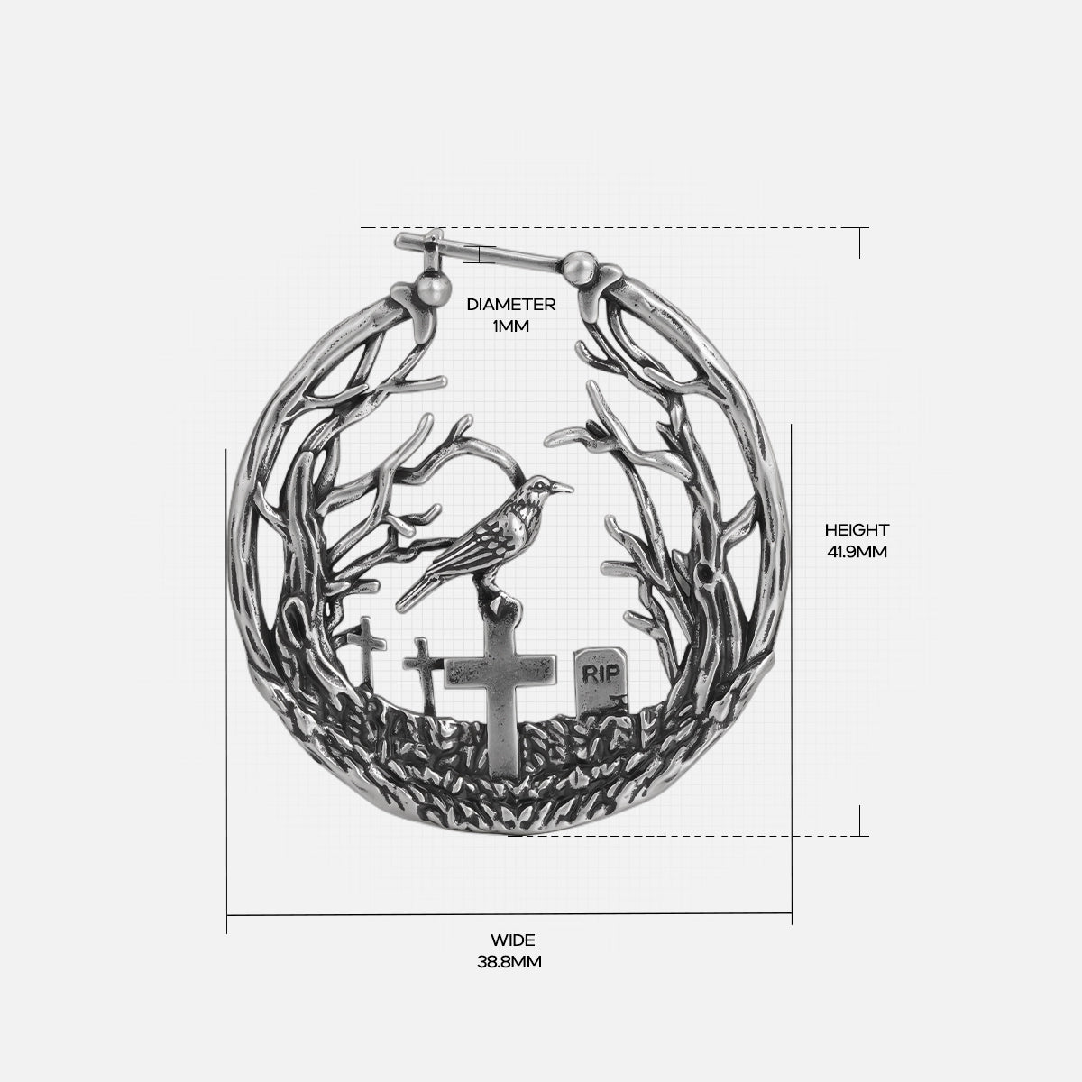 Silver Graveyard Raven hoop earring with cemetery scene and dimensions