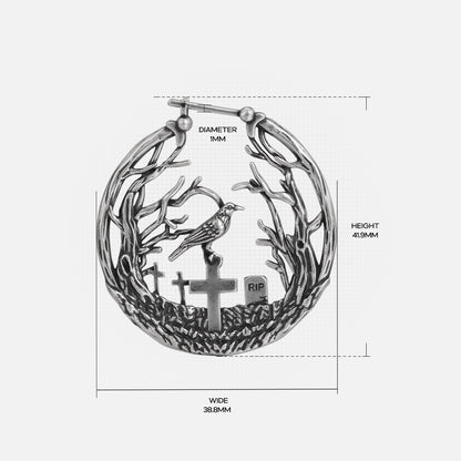 Silver Graveyard Raven hoop earring with cemetery scene and dimensions