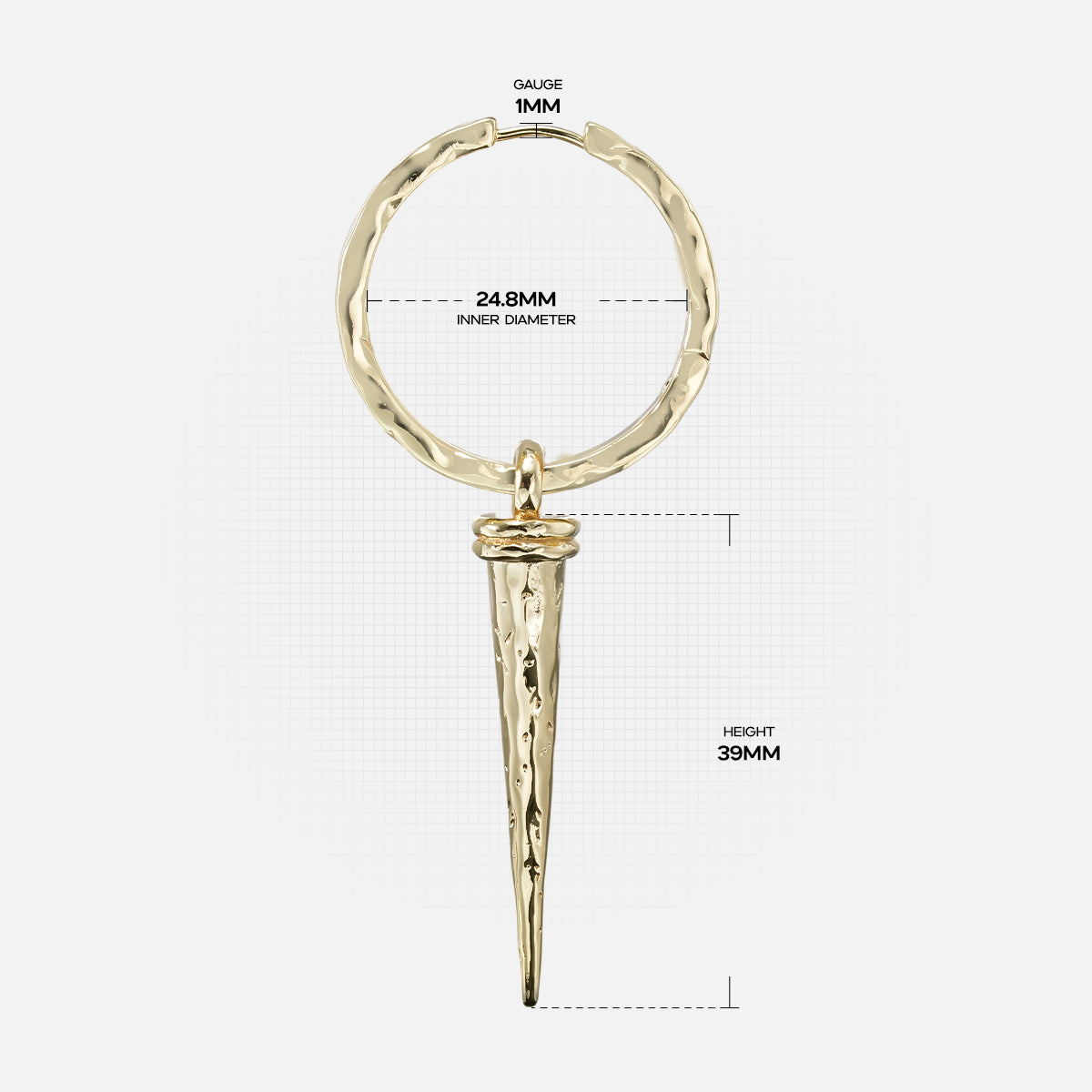Gold Hammered Spike hoop earring with long textured spike and measurement details