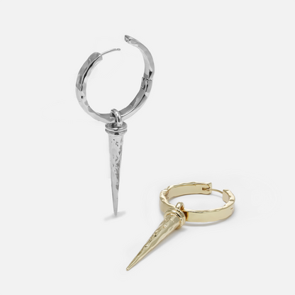 Silver-tone and gold-tone hammered hoop earrings with spike drops shown side by side