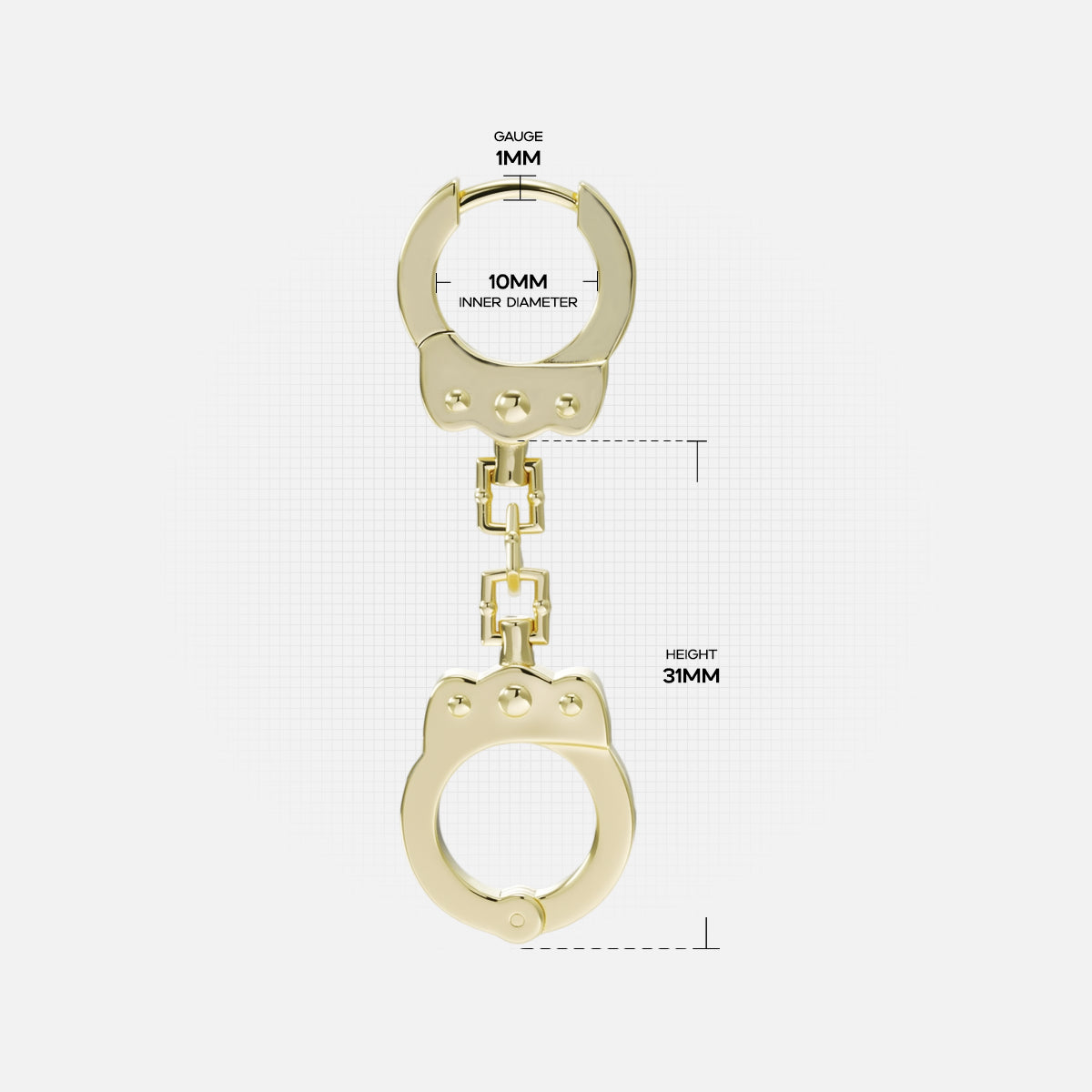Gold Handcuff Chain hoop earring with linked cuffs and measurement details