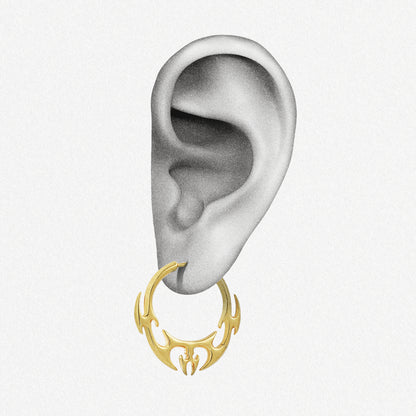 Gold Hellfire Wing hoop earring shown on an ear illustration