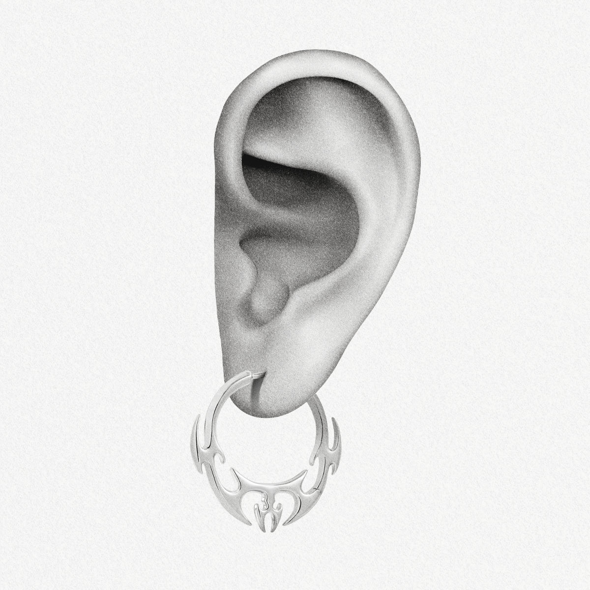Illustration of an ear wearing a silver-tone hoop earring with a flame or wing motif at the base