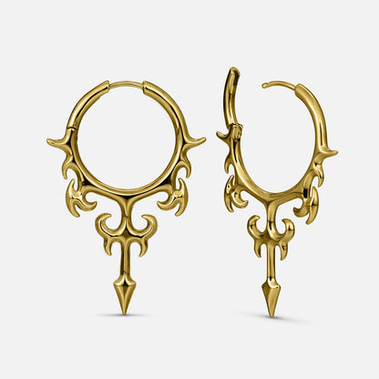 Pair of gold Hellflame Blade hoop earrings with flame scrollwork and pointed drops