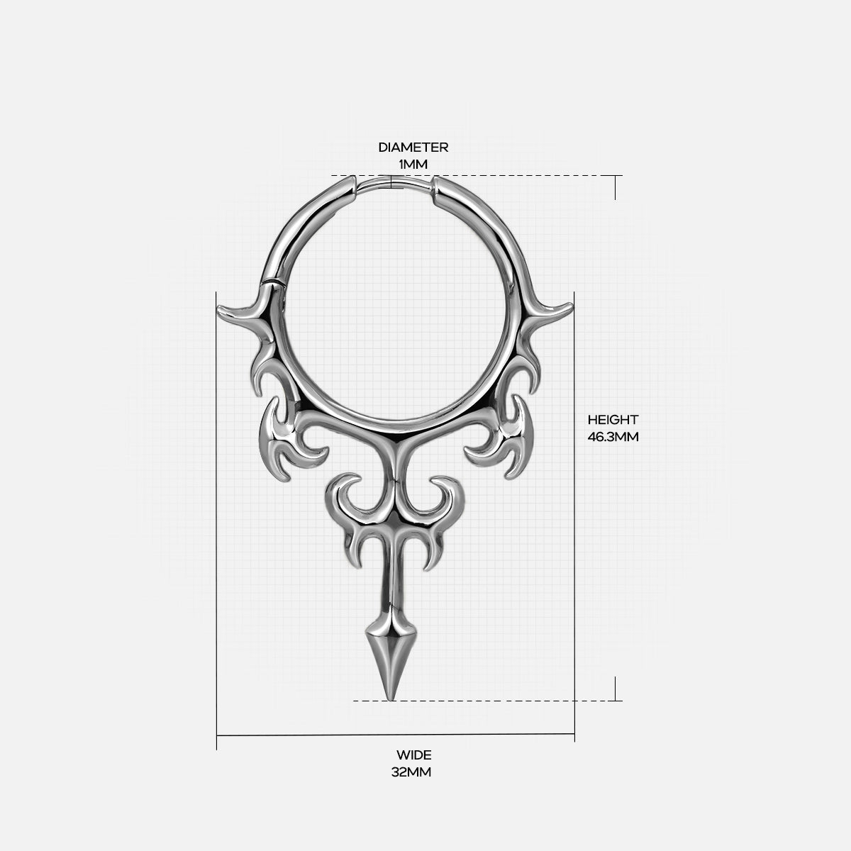 Silver Hellflame Blade hoop earring with pointed drop and measurement details