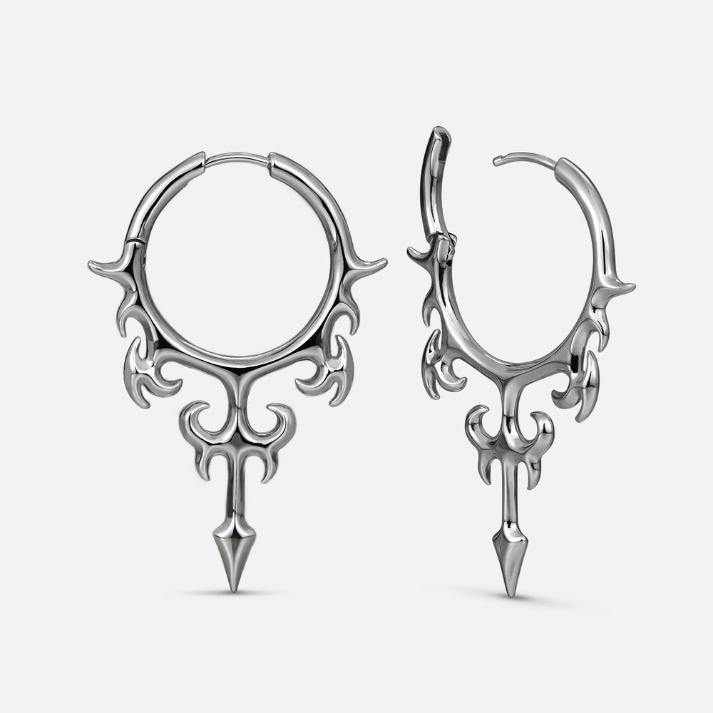 Silver-tone Hellflame Blade hoop earrings with flame-like scrollwork and pointed dagger drops