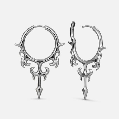 Silver-tone Hellflame Blade hoop earrings with flame-like scrollwork and pointed dagger drops