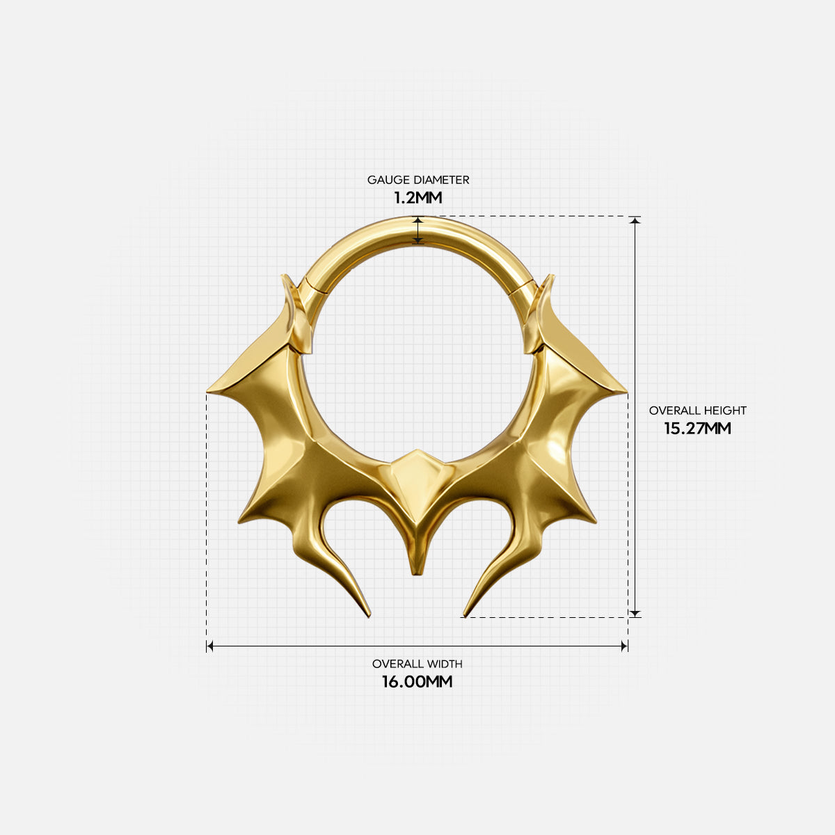 Size guide for the gold-tone Infernal Horn Clicker showing the inner diameter and overall dimensions.