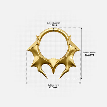 Size guide for the gold-tone Infernal Horn Clicker showing the inner diameter and overall dimensions.
